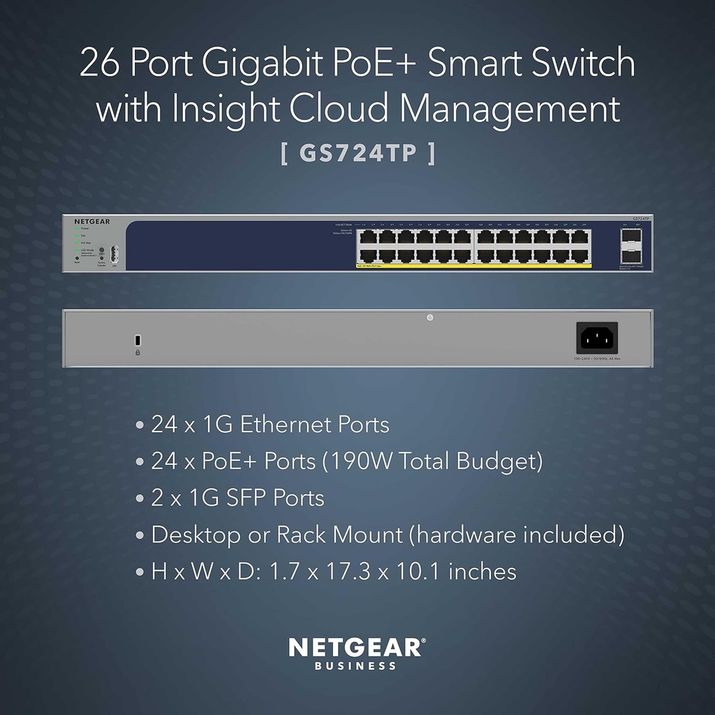 NETGEAR 24-PORT GIGABIT PoE+SMART MANAGED PRO SWITCH W/2 SFP PORTS (190W)