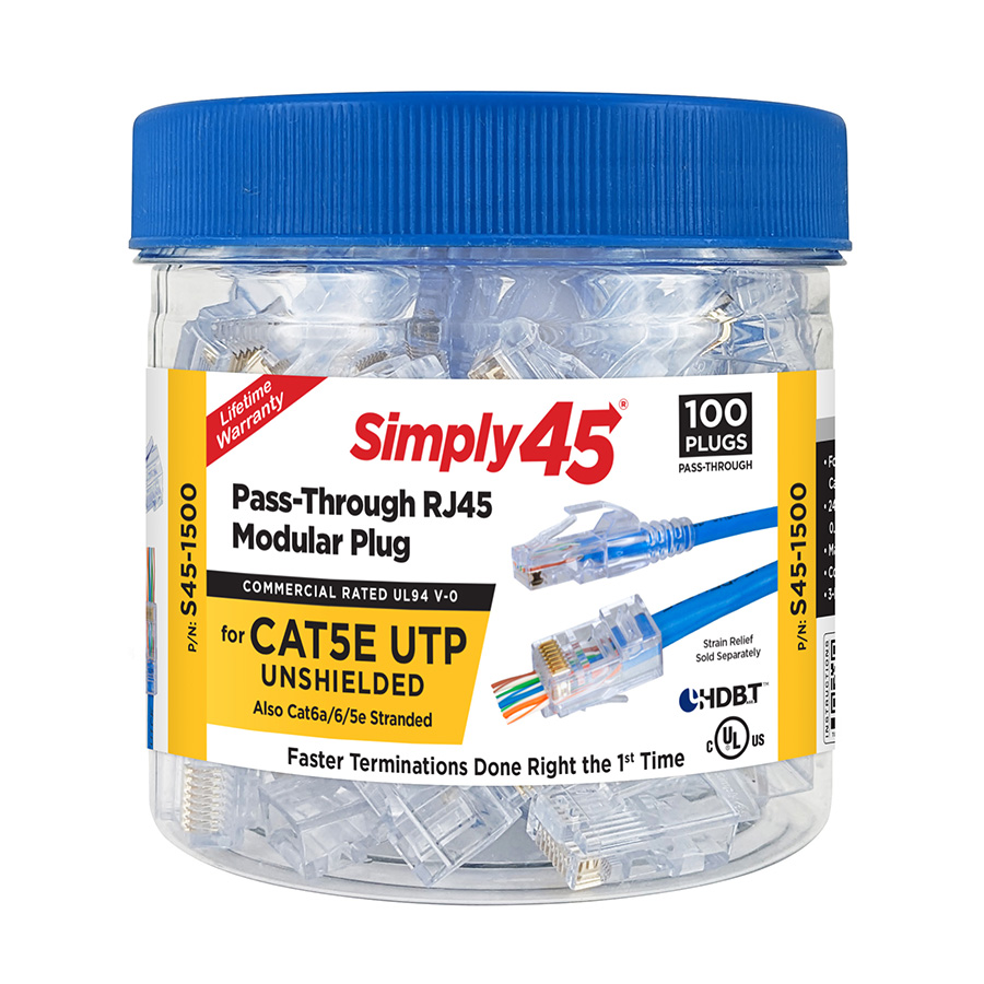 SIMPLY45® CAT5E UNSHIELDED PASS-THROUGH RJ45 MODULAR PLUGS 100 PC/JAR