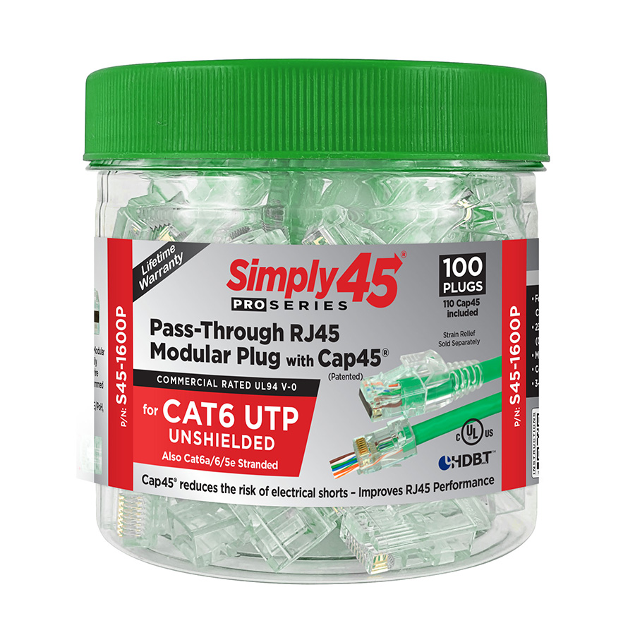 SIMPLY45® PROSERIES CAT6 UNSHIELDED PASS-THROUGH RJ45 MODULAR PLUGS WITH CAP45® 100 PC/JAR