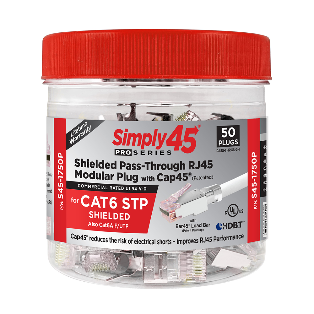 SIMPLY45® PROSERIES CAT6/6A SHIELDED EXTERNAL GROUND – PASS-THROUGH RJ45 WITH CAP45® & BAR45® 50 PC/JAR