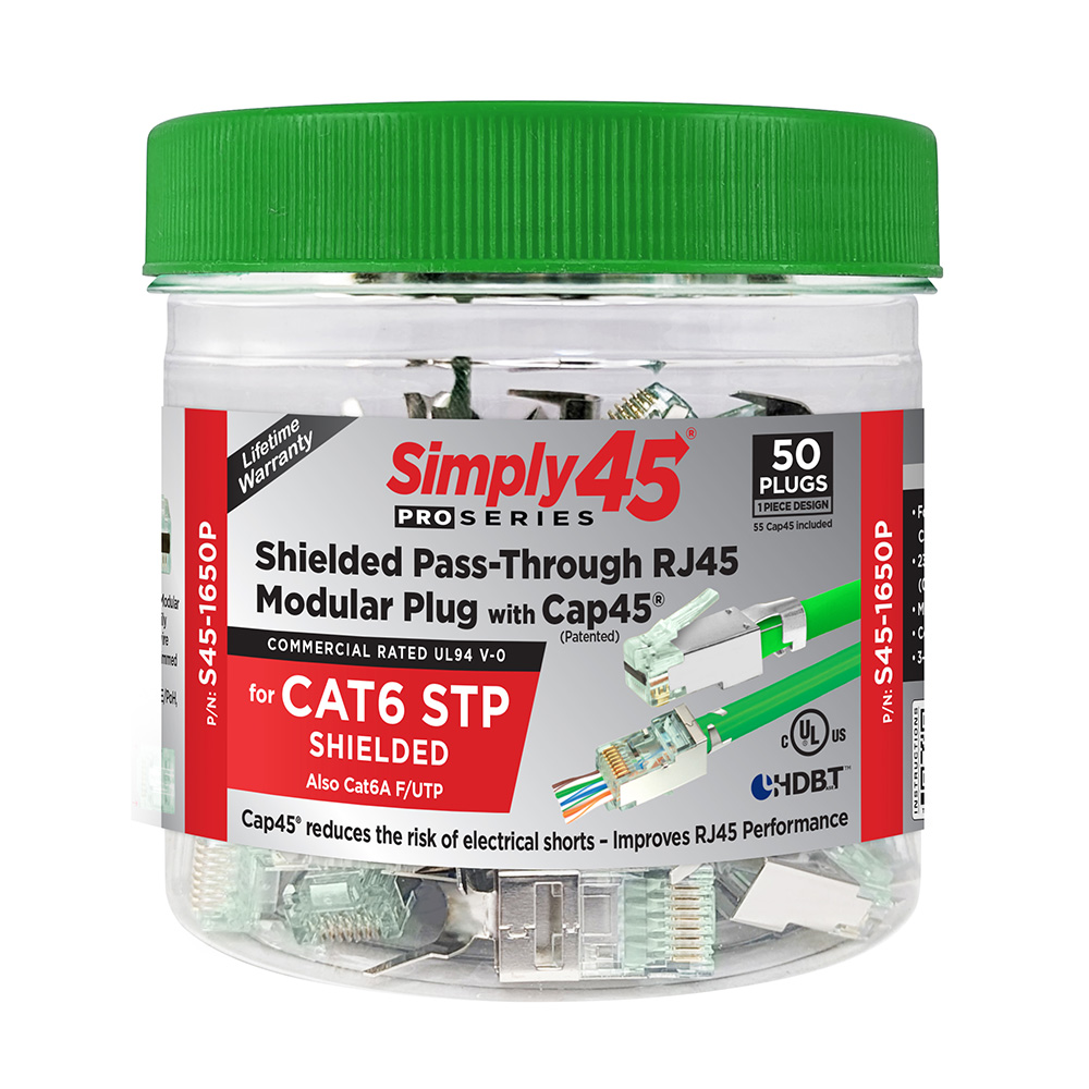 SIMPLY45® PROSERIES CAT6 SHIELDED EXTERNAL GROUND PASS-THROUGH RJ45 MODULAR PLUGS WITH CAP45® 50 PC/JAR