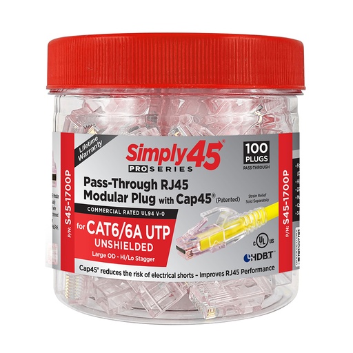 [S451700P] SIMPLY45® PROSERIES CAT6/6A UNSHIELDED PASS-THROUGH RJ45 MODULAR PLUGS WITH CAP45® 100 PC/JAR