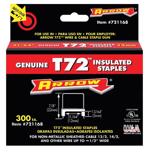 [AR721168] ARROW T72 13/64"X31/64" INSULATED STAPLES CLEAR